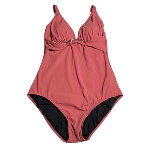 Gottex Coral One Piece Swimsuit with Gold Chain Detail Plunging Neckline Size 12